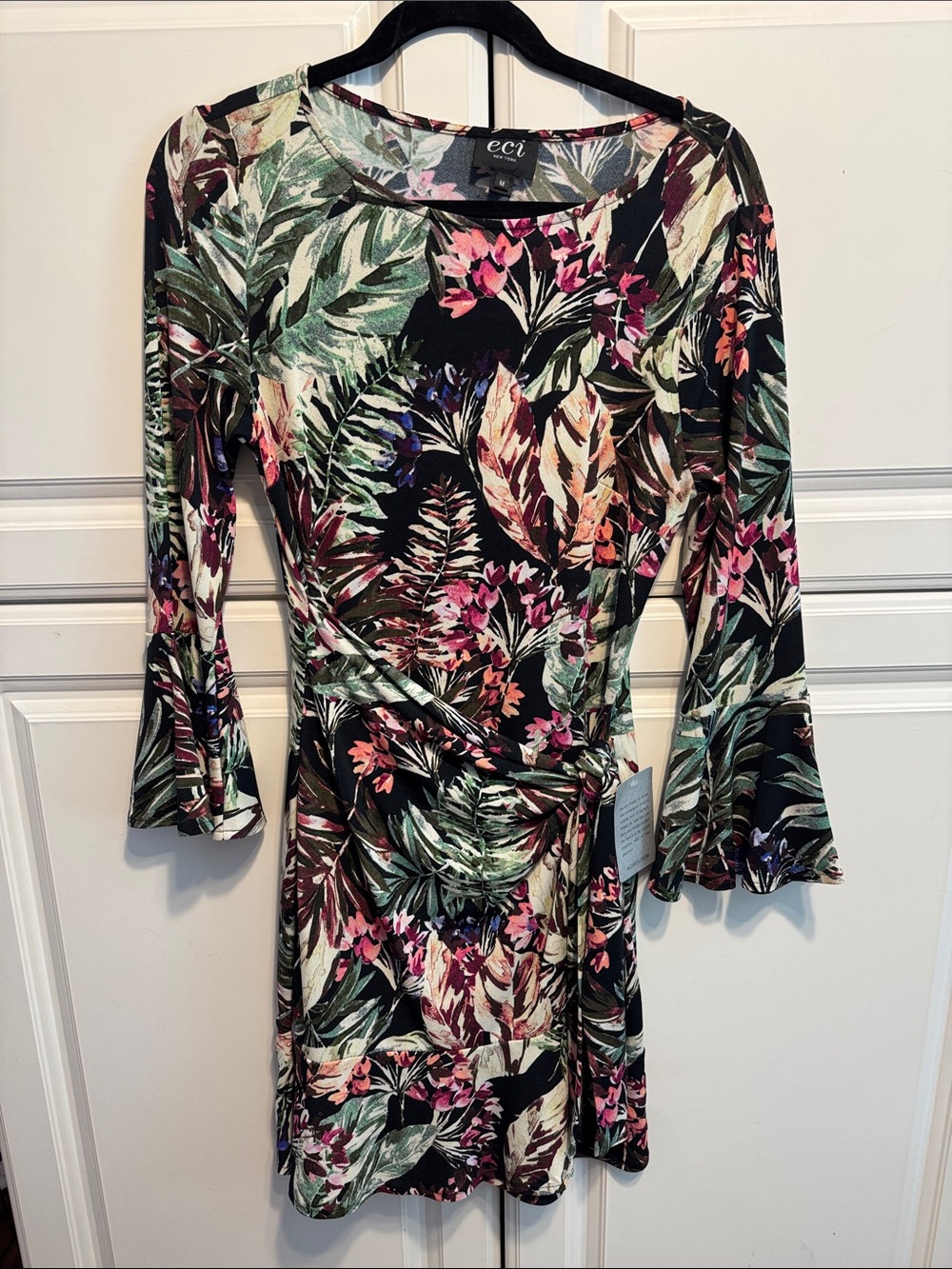 ECI Black Floral Wrap Dress with Pink and Green Accents